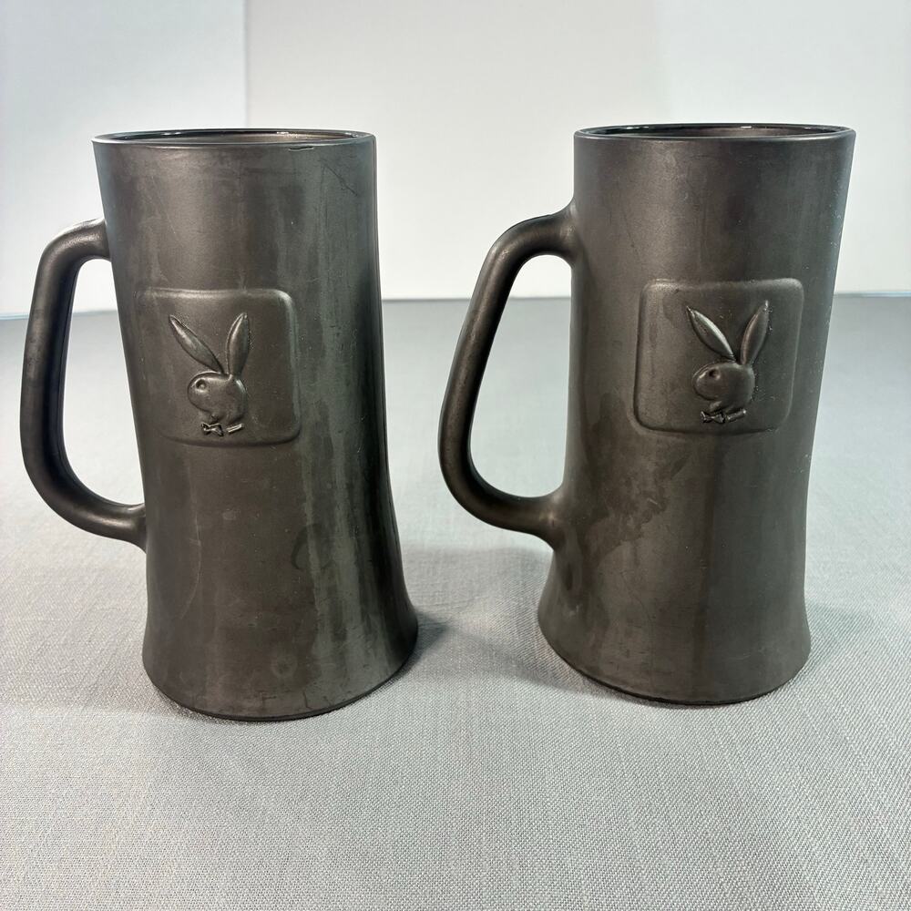 Vintage Playboy Matte Black Beer Mugs Set of 2 Plastic Steins Embossed Bunny